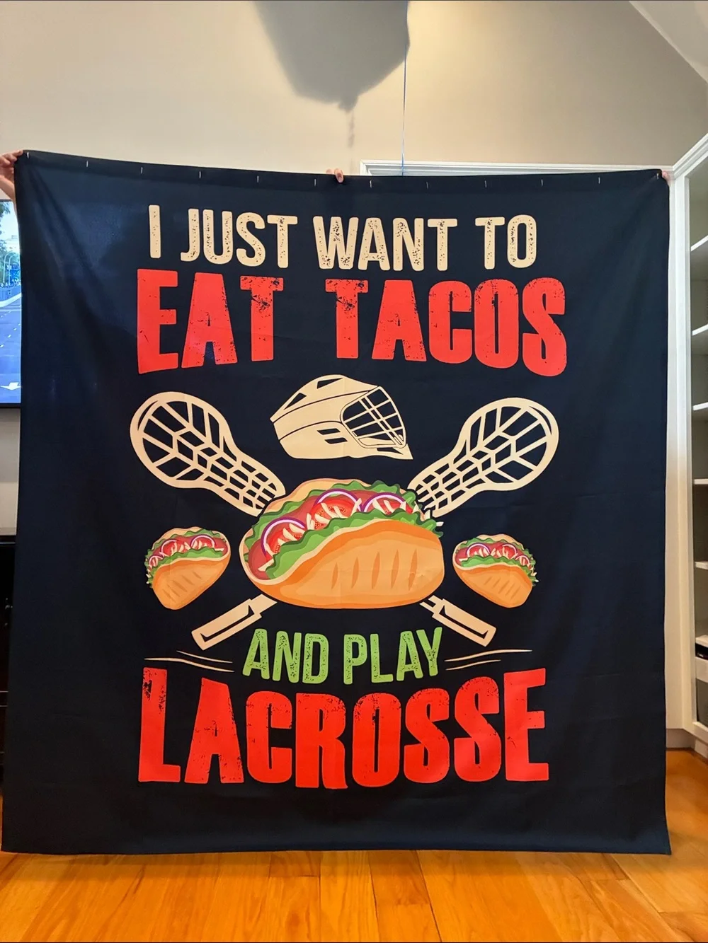 I Just Want to Eat Tacos and Play Lacrosse Shower Curtain - Black/Red/Green